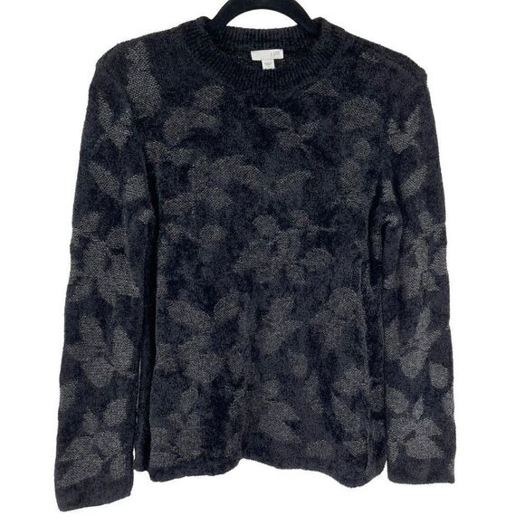 J. Jill Textured Leaf Pattern Crewneck Sweater Black Soft Women Small - Picture 1 of 7